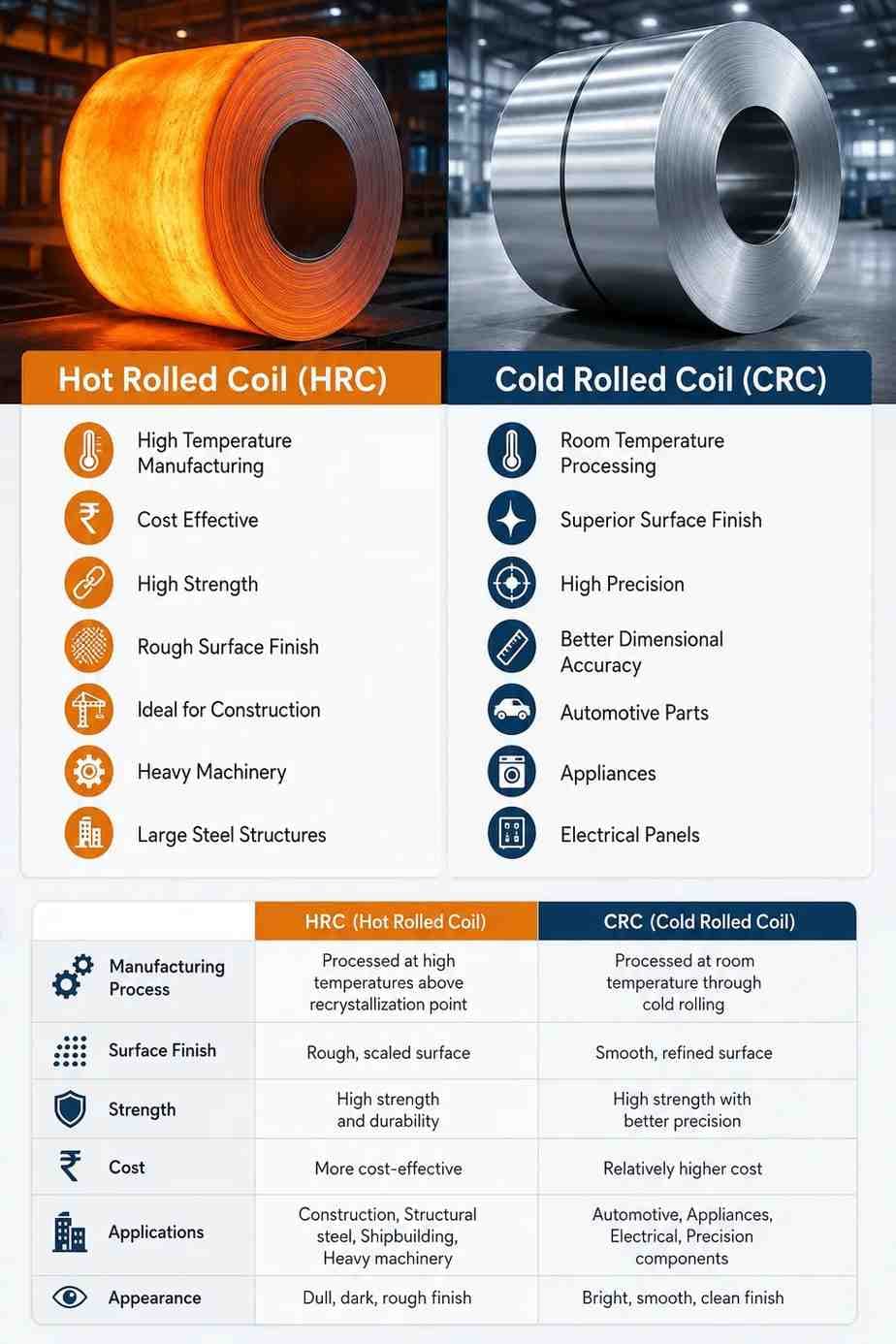 Hot Rolled Coil (HRC) vs Cold Rolled Coil (CRC): Key Differences & Best Applications